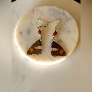 Butterfly wing earrings- sterling silver French hooks and beads- red wooden bead